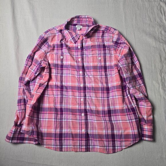 LL Bean Girls Cotton LS Button Up Pink White Navy Plaid Blouse Size L Pet - Picture 1 of 7